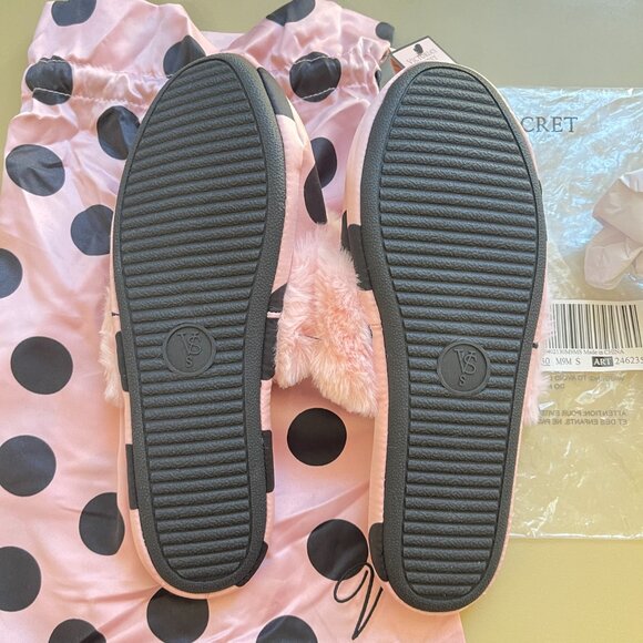 New Victoria's Secret Slippers Small 5 6 Pink Black Dot Satin Faux Fur NWT - Picture 8 of 10
